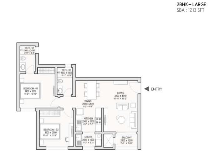 2 BHK Apartment Floor Plan