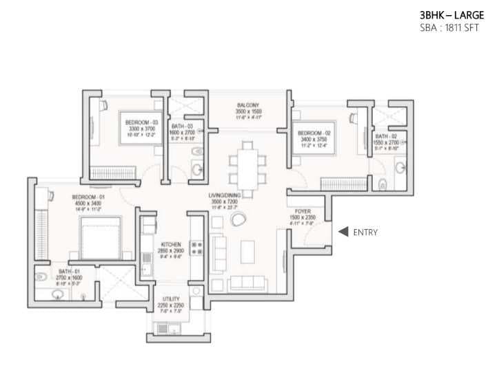 3 BHK Apartment Floor Plan
